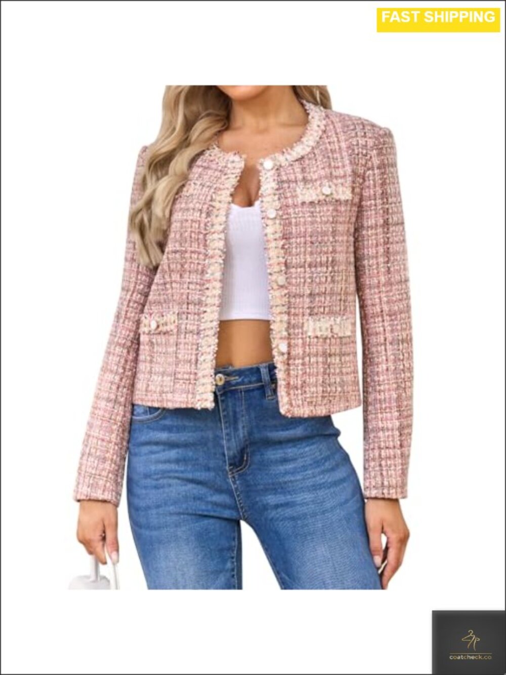 Women's Tweed Blazer Cropped Long Sleeve Collarless Plaid Jacket